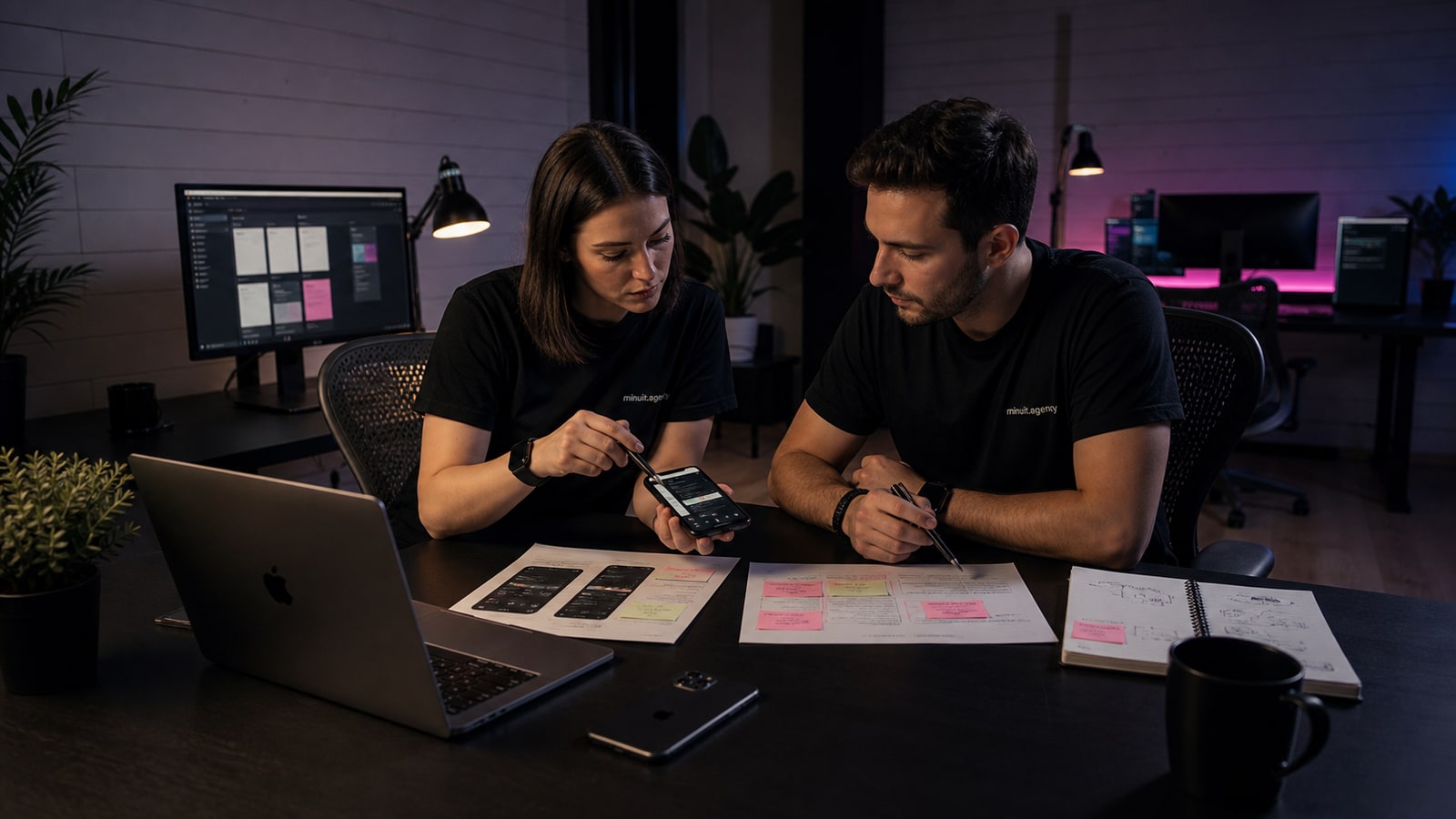 Ingénieur qualité et développeur testant une application mobile dans un bureau premium de nuit