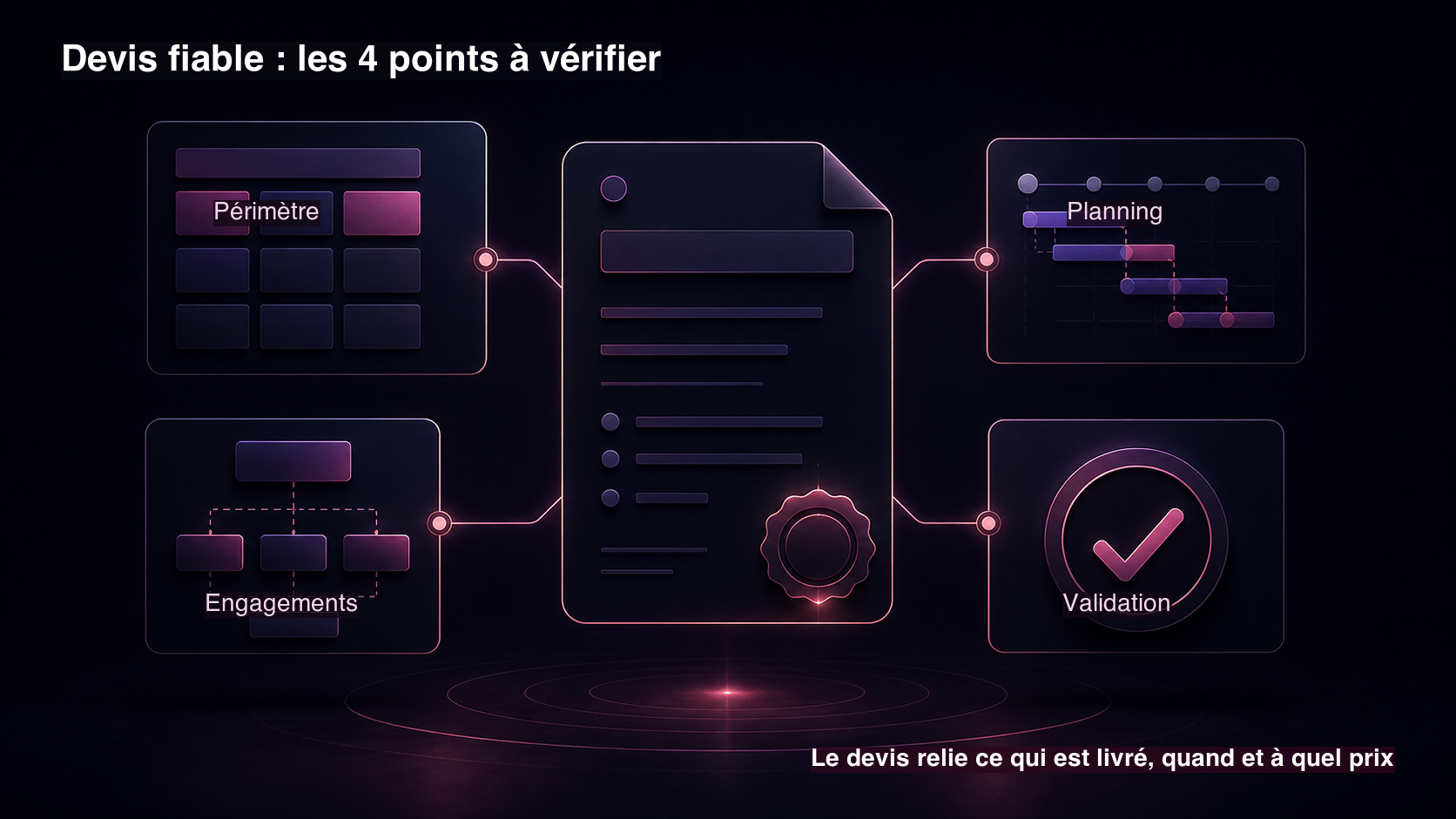 Graphique premium montrant les piliers d'un devis d'application fiable